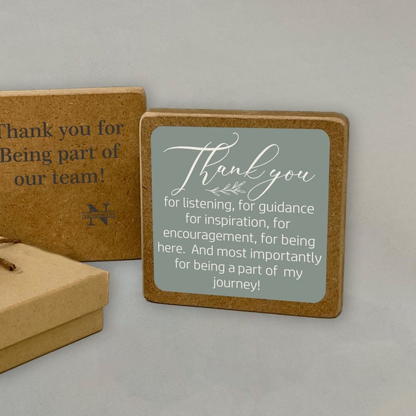 Thank You for Listening... Guidance... Encouragement · Thank You Words on Wood Block · Personalized Message with a Gift Box for Coworker