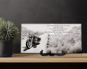 Personalized Memorial Tile with Motorcyclist "He's up in heaven now, he took that final ride..."  "In Loving Memory of", Motorcycle Scene