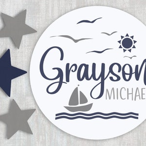 Nautical Nursery Decor - Nautical Sign Name with Sailboat - Personalized Gift Round Circle Baby Boy Sign - Nautical Baby Shower Gift