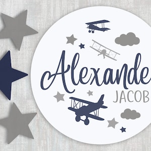 Airplane Nursery Aviation Name Sign with Airplanes - Personalized Round Circle Baby Boy Sign - Biplane Nursery Decor
