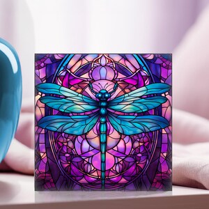 Dragonfly Printed Image Stained Glass Look Art: Ceramic Tile Gift
