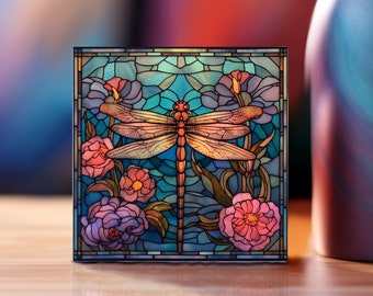 Dragonfly Stained Glass Art, 4x4 Ceramic Tile with Printed Stained Glass Look, Dragonfly Nature Lover Gift