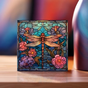 Dragonfly Stained Glass Art, 4x4 Ceramic Tile with Printed Stained Glass Look, Dragonfly Nature Lover Gift image 1