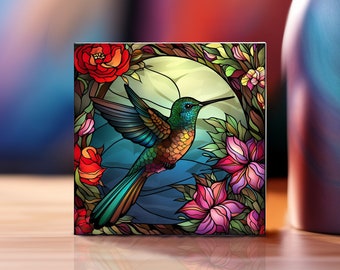 Hummingbird Stained Glass Art, 4x4 Ceramic Tile with Printed Stained Glass Look, Humming Bird Lover Gift