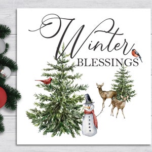 Winter Blessings with Snowman, Deer and Cardinal, Sign, Winter Scene with Pine Trees Sign, Winter Sign, Christmas Decor, Winter Signs