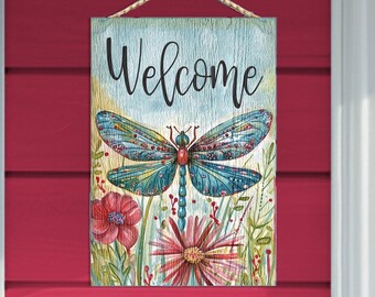 Summer Meadow Dragonfly Porch Sign - Nature-Inspired Colorful Dragonfly Outdoor Wooden Signs - Welcome Gift for Home / Patio / Deck Decor