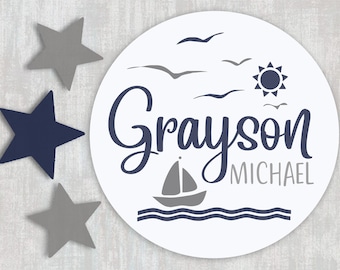 Nautical Nursery Decor - Nautical Sign Name with Sailboat - Personalized Gift Round Circle Baby Boy Sign - Nautical Baby Shower Gift