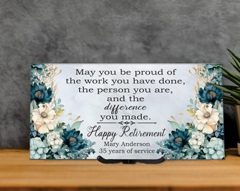 Happy Retirement Personalized Keepsake Tile, Custom Ceramic Congratulations Gift Plaque for Her Retirement with Floral Design