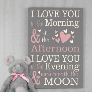 Nursery Decor Baby Girl | Nursery Wall Art | Gray and Pink Nursery Wall Decor | I Love You In The Morning - Hearts | Sign