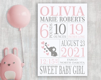 Baby Birth Stats Sign | Birth Announcement Sign | Baby Announcement Sign | Elephant Nursery Name | Newborn Gift Personalize | Newborn Stats