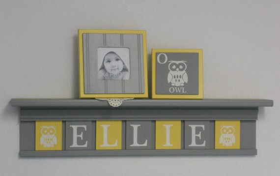 Baby Nursery Owl Room Decor Custom Letters In Yellow And Gray Personalized Name Plates On Grey Wall Shelf