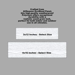 May include: White wood-look wall paneling in two sizes: 3x12 inches and 4x16 inches. Crafted from AllSeason EcoWood Panel, this high-quality weatherproof polyresin offers exceptional durability with a realistic wood grain look, perfect for both indoor and outdoor use in all climates.
