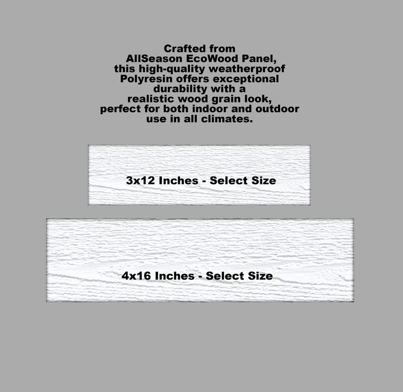 May include: White wood-look wall paneling in two sizes: 3x12 inches and 4x16 inches. Crafted from AllSeason EcoWood Panel, this high-quality weatherproof polyresin offers exceptional durability with a realistic wood grain look, perfect for both indoor and outdoor use in all climates.