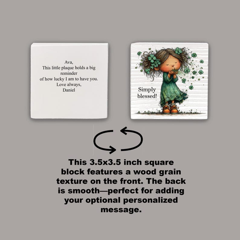 Front and back view of Simply Blessed Irish plaque with optional personalized message area