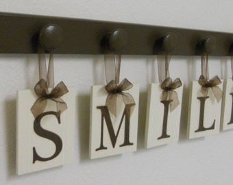Dentist Gift, Dentistry Wall Decor Wood Sign, Wooden Hanging Sign - SMILE - Set Includes Wooden Hooks - Chocolate Brown