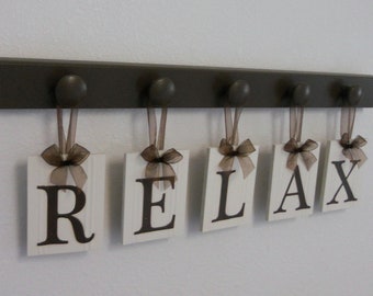 RELAX Sign Wall Words Personalized Hanging Letters Includes Wooden Hangers in Chocolate Brown | Home Entryway Room Decor