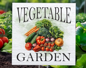 Vegetable Garden Sign with Stake, Outdoor Veggie Garden Marker, Rustic Wood Look Yard Decor