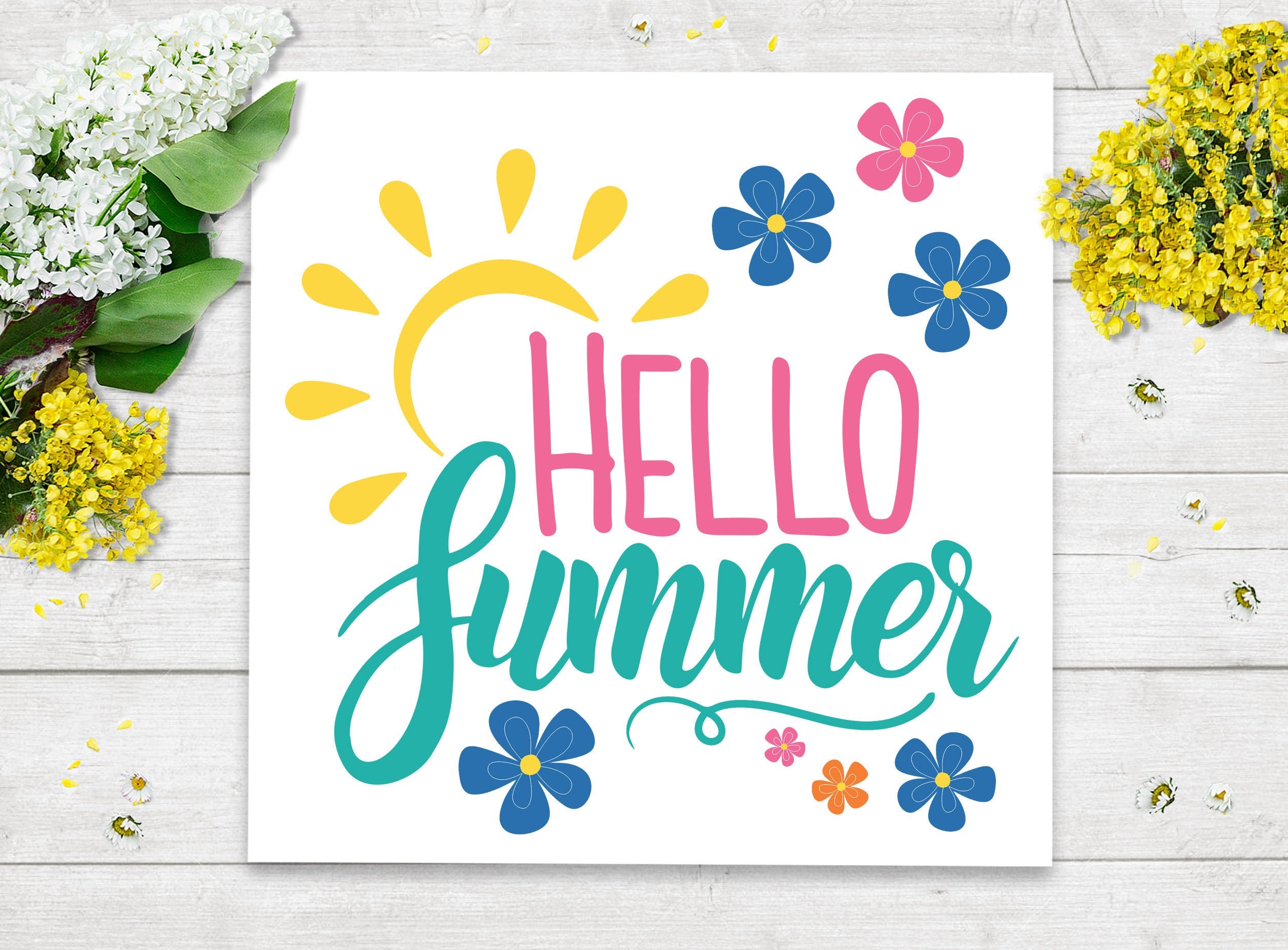 Sun and Flowers "Hello Summer" Sign for Summer Decor - Choose Ten Styles with Summer Themed Sayings