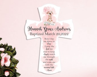 Baptism Gift Girl Personalized Cross with Name and Date | Childs Prayer: "Now I Lay Me Down To Sleep" | Christening Girl Cross Gift