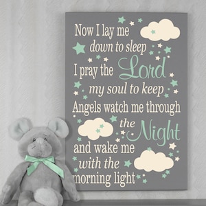 Now I Lay Me Down To Sleep, Wooden Prayer Sign. Ideal Baptism Gift for Girls Mint / Linen