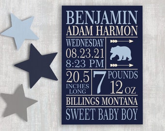 Baby Birth Stats | Birth Announcement Sign | Baby Announcement Sign | Bear Nursery Decor | Newborn Personalized Baby Boy | Newborn Stats