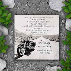 May include: Black and white image of a motorcycle on a desert road. The image is a memorial for James Johnson, 1958-2022. The text reads: "He's up in heaven now, he took that final ride. He's with the angels now, flying by his side. He's riding like an eagle, beyond where we can see. He took that final journey... forever riding free. In loving memory of James Johnson 1958-2022"