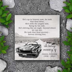 May include: A black and white photo of a classic car driving down a desert road. The image is a memorial for James Johnson, who passed away in 2022. The text reads: "He's up in heaven now, he took that final drive. He's with the angels now, flying by his side. He's driving like an eagle, beyond where we can see. He took that final journey... forever driving free. In loving memory of James Johnson 1958-2022"