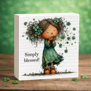 Simply Blessed St Patrick’s Day mini tier tray plaque with shamrock clovers, Irish lucky decor, 3.5x3.5 wood grain style block