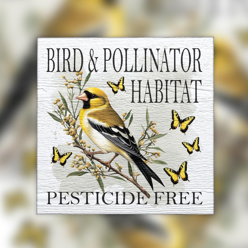 Goldfinch and yellow butterflies on a wooden garden sign, pesticide-free message
