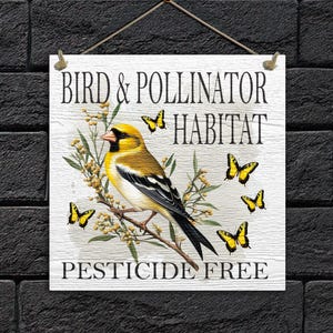 Goldfinch and yellow butterflies on a wooden garden sign, pesticide-free message jute hanger