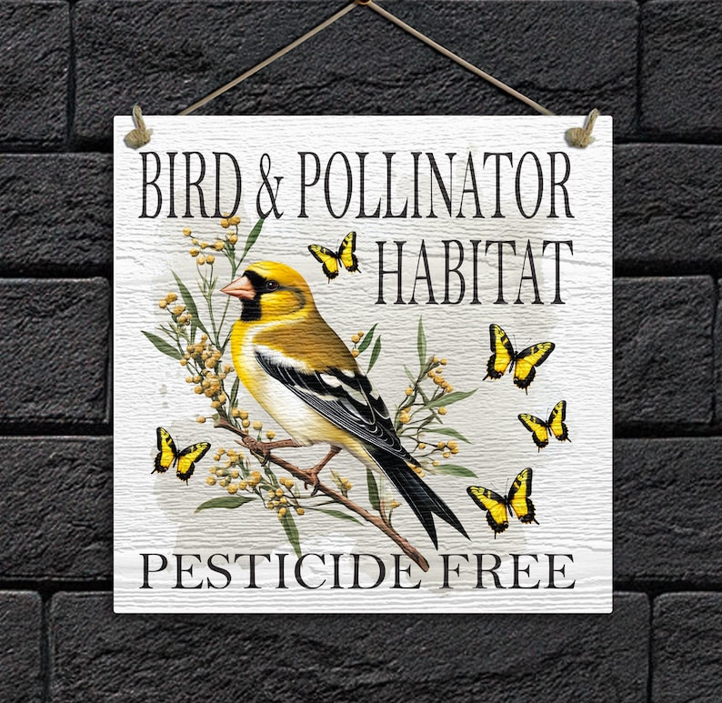Goldfinch and yellow butterflies on a wooden garden sign, pesticide-free message jute hanger