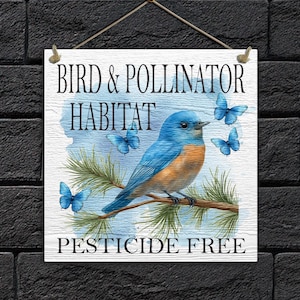 Bluebird and butterflies on a pesticide-free garden sign, perfect for outdoor use