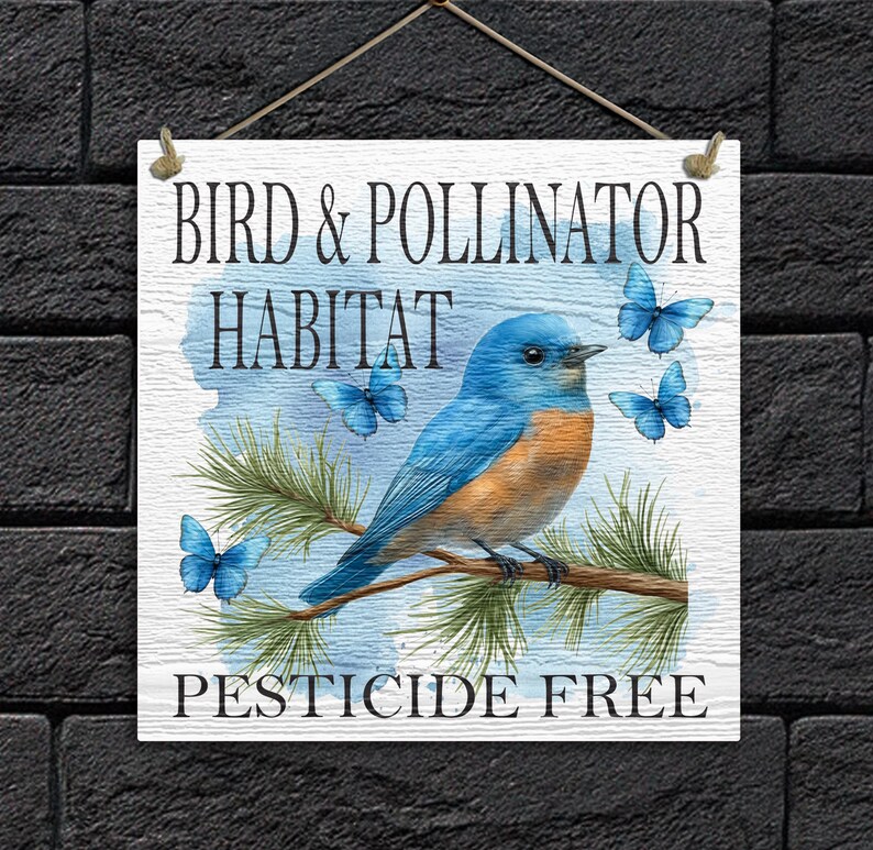Bluebird and butterflies on a pesticide-free garden sign, perfect for outdoor use