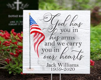 Temporary Memorial Grave Marker for Military Veteran Memorial Day "God has you in his arms and we carry you in our hearts" add Name and Date