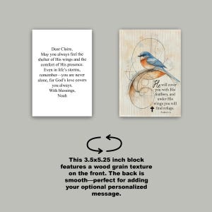 Front and back view of personalized Bluebird Psalm 91:4 plaque, scripture encouragement gift idea