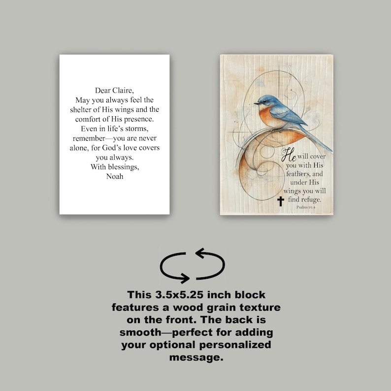 Front and back view of personalized Bluebird Psalm 91:4 plaque, scripture encouragement gift idea
