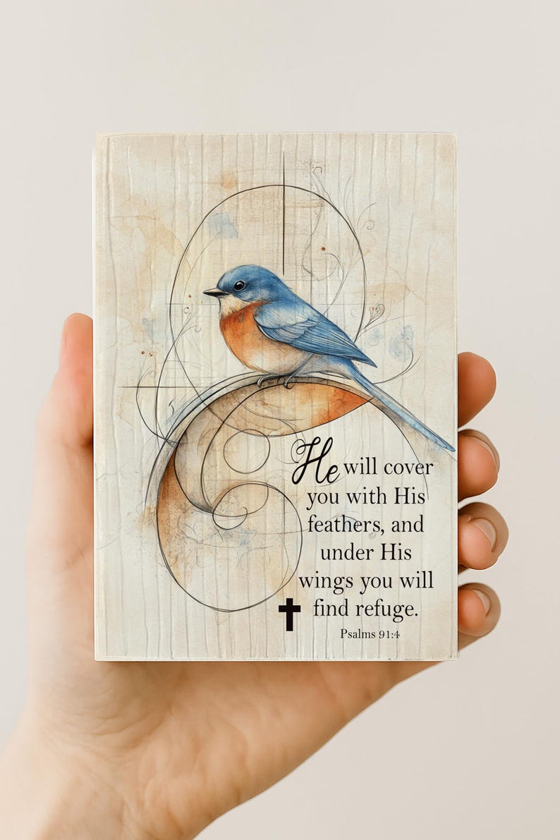 Hand holding small 3.5x5.25 inch Bluebird Psalm 91:4 Scripture Block, religious inspirational decor