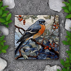 Colorful Finch Stone Tile for Flower Gardens and Walkways, Image Printed Finch In Stained Glass Look Garden Art