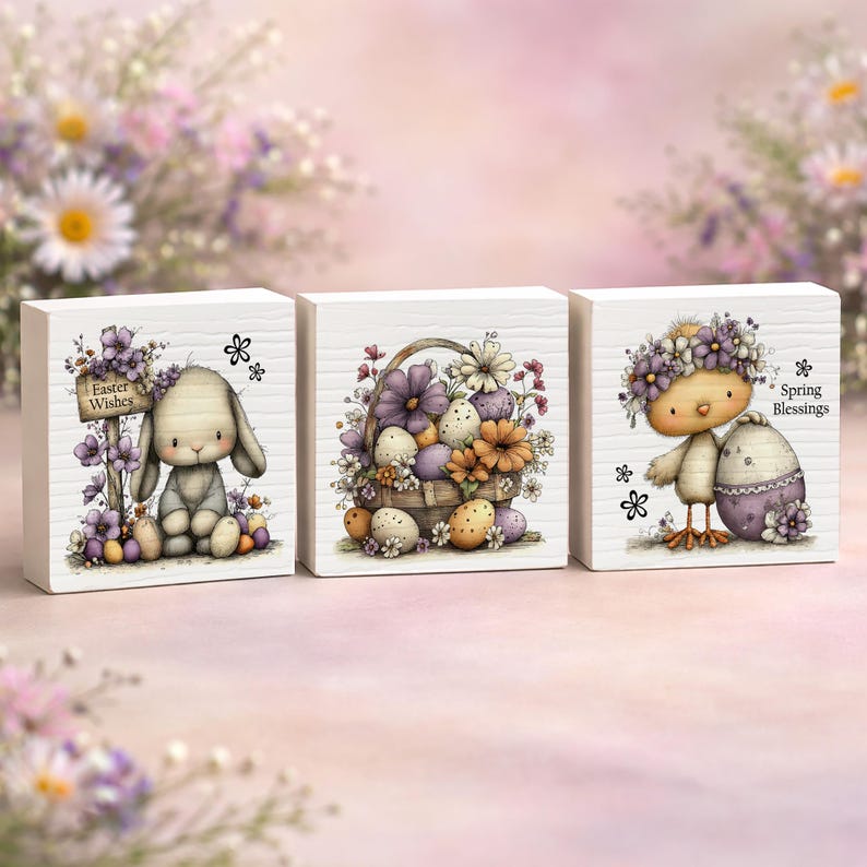 Block Chick Easter Mini Block Decor, Bunny Chick Floral Spring Shelf Sign, Tiered ...