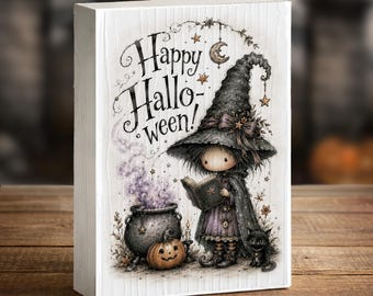 Happy Halloween Sign Plaque, Halloween Shelf Sitter, Farmhouse Spooky Decor, Witch Lover Gift