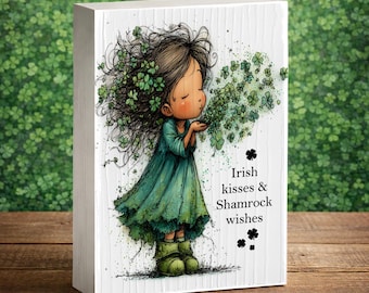 St Patrick’s Day Decor Block: Irish Kisses Shamrock Wishes Personalized Plaque