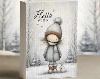 Hello Winter Mini Art Block – Tiered Tray Decor, Cozy Christmas Gift, Nordic Snow Scene