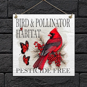 Cardinal with berries on an eco-friendly garden sign, available with hanging jute