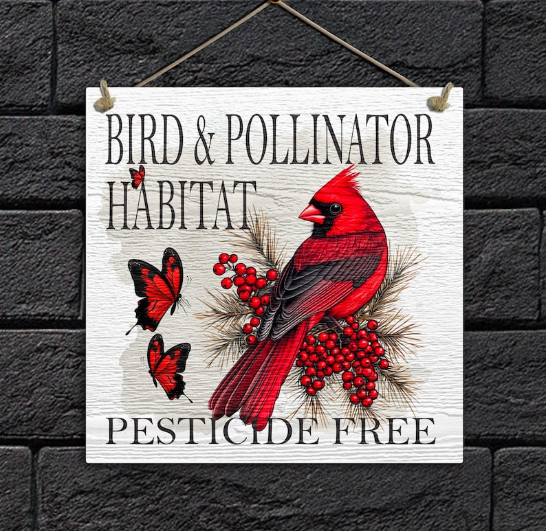 Cardinal with berries on an eco-friendly garden sign, available with hanging jute