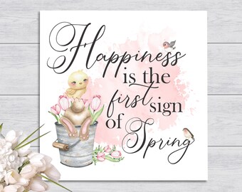 Happiness is the First Sign for Spring | Wooden Spring Signs Home Decor | Spring Decorations for Home