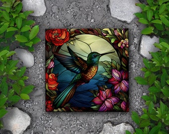 Hummingbird Stone Tile for Flower Gardens and Walkways, Image Printed Artisanal Hummingbird In Stained-Glass Look Garden Art