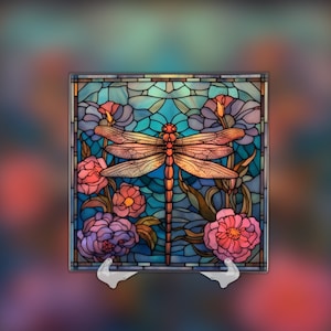 Dragonfly Stained Glass Art, 4x4 Ceramic Tile with Printed Stained Glass Look, Dragonfly Nature Lover Gift Dragonfly