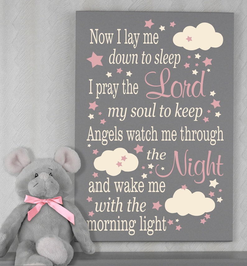 Now I Lay Me Down To Sleep, Wooden Prayer Sign. Ideal Baptism Gift for Girls Light Pink / Linen