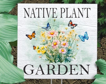 Native Plant Garden Decor with Butterflies and Flowers, Lawn Yard Art Garden Wooden Sign