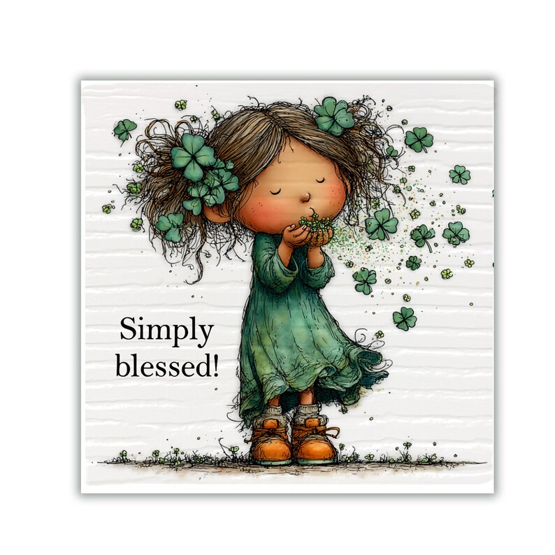 Simply Blessed St Patrick’s Day mini plaque with shamrock clovers, Irish lucky decor, 3.5x3.5 wood grain style block